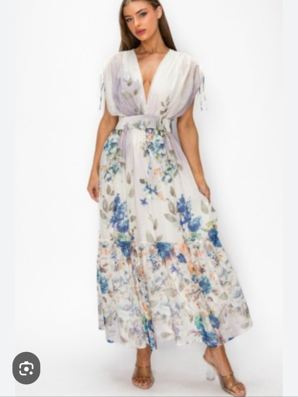 NWT Womens Floral Chiffon  V-Neck Maxi Dress - Cream & Blue